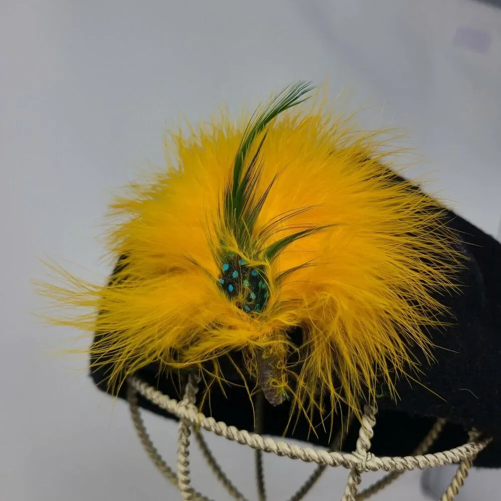 Vintage Yellow Feather Womens Black 100% Wool Basque Beret Christina NYC Artsy